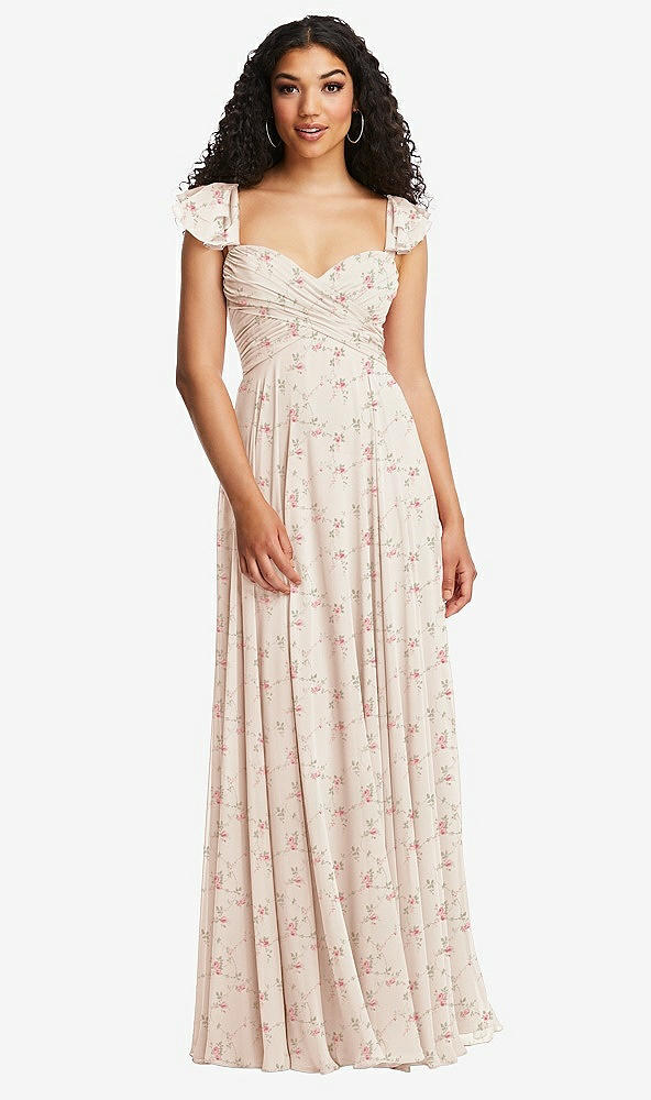 Back View - Coquette Floral Print Shirred Cross Bodice Lace Up Open-Back Maxi Dress with Flutter Sleeves