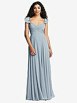 Rear View Thumbnail - Mist Shirred Cross Bodice Lace Up Open-Back Maxi Dress with Flutter Sleeves