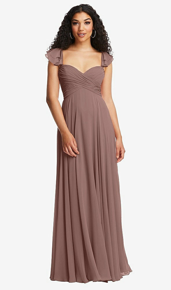 Back View - Sienna Shirred Cross Bodice Lace Up Open-Back Maxi Dress with Flutter Sleeves