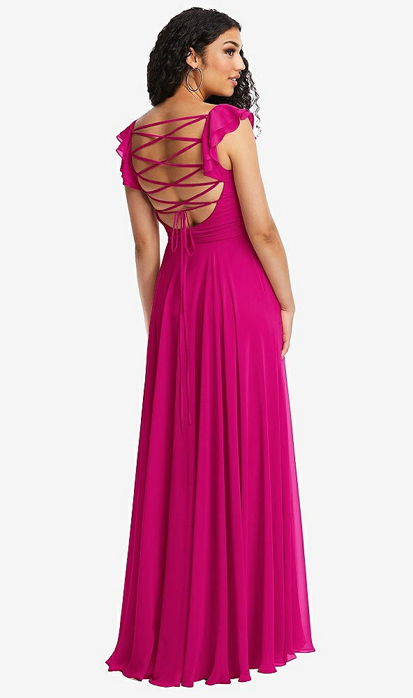 Front View - Think Pink Shirred Cross Bodice Lace Up Open-Back Maxi Dress with Flutter Sleeves