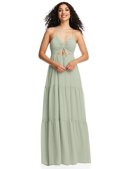 Drawstring Bodice Gathered Tie Open-Back Maxi Dress with Tiered Skirt