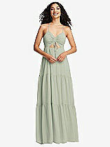 Front View Thumbnail - Celadon Drawstring Bodice Gathered Tie Open-Back Maxi Dress with Tiered Skirt