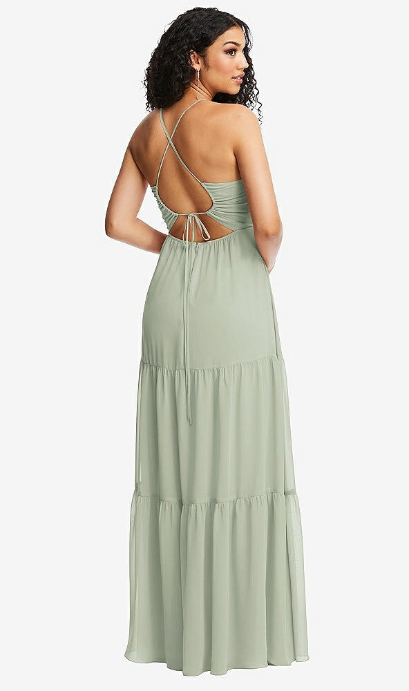 Back View - Celadon Drawstring Bodice Gathered Tie Open-Back Maxi Dress with Tiered Skirt