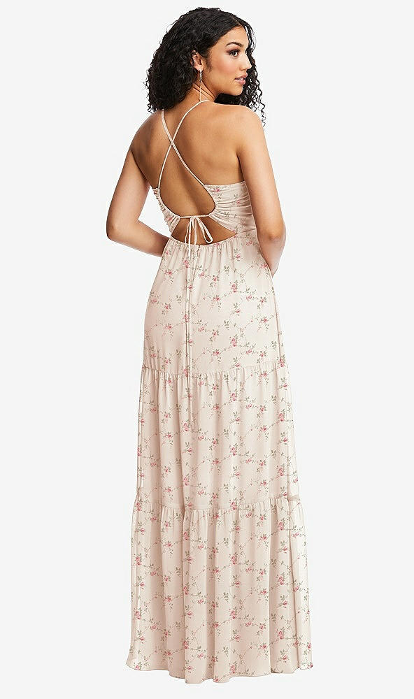 Back View - Coquette Floral Print Drawstring Bodice Gathered Tie Open-Back Maxi Dress with Tiered Skirt