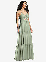 Alt View 1 Thumbnail - Sage Drawstring Bodice Gathered Tie Open-Back Maxi Dress with Tiered Skirt