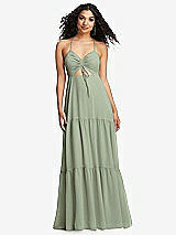 Alt View 2 Thumbnail - Sage Drawstring Bodice Gathered Tie Open-Back Maxi Dress with Tiered Skirt