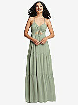 Front View Thumbnail - Sage Drawstring Bodice Gathered Tie Open-Back Maxi Dress with Tiered Skirt