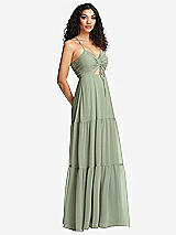 Side View Thumbnail - Sage Drawstring Bodice Gathered Tie Open-Back Maxi Dress with Tiered Skirt