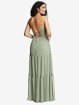 Rear View Thumbnail - Sage Drawstring Bodice Gathered Tie Open-Back Maxi Dress with Tiered Skirt