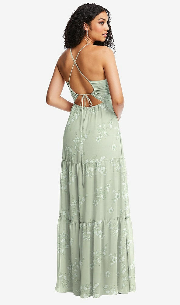 Back View - Vintage Primrose Sage Drawstring Bodice Gathered Tie Open-Back Maxi Dress with Tiered Skirt