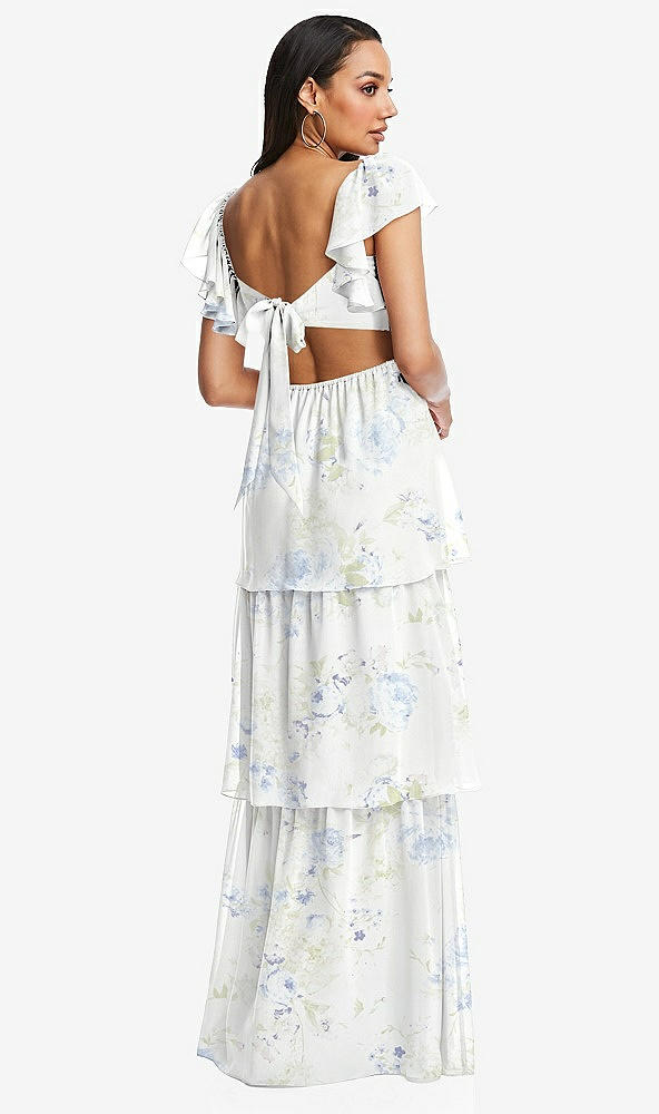 Back View - Bleu Garden Flutter Sleeve Cutout Tie-Back Maxi Dress with Tiered Ruffle Skirt