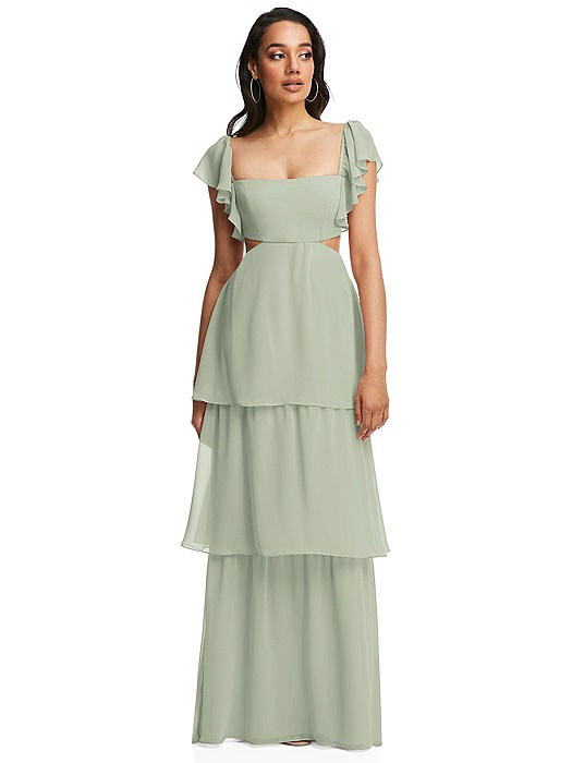 Flutter Sleeve Cutout Tie-Back Maxi Dress with Tiered Ruffle Skirt