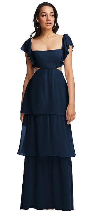 Flutter Sleeve Cutout Tie-Back Maxi Dress with Tiered Ruffle Skirt