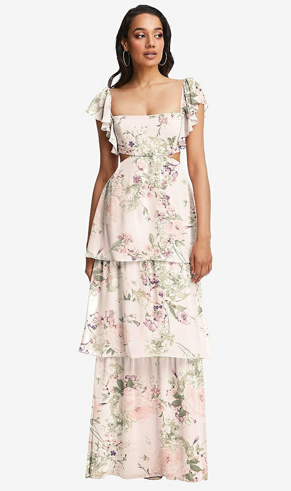 Front View - Blush Garden Flutter Sleeve Cutout Tie-Back Maxi Dress with Tiered Ruffle Skirt