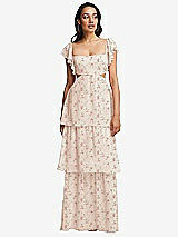 Front View Thumbnail - Coquette Floral Print Flutter Sleeve Cutout Tie-Back Maxi Dress with Tiered Ruffle Skirt