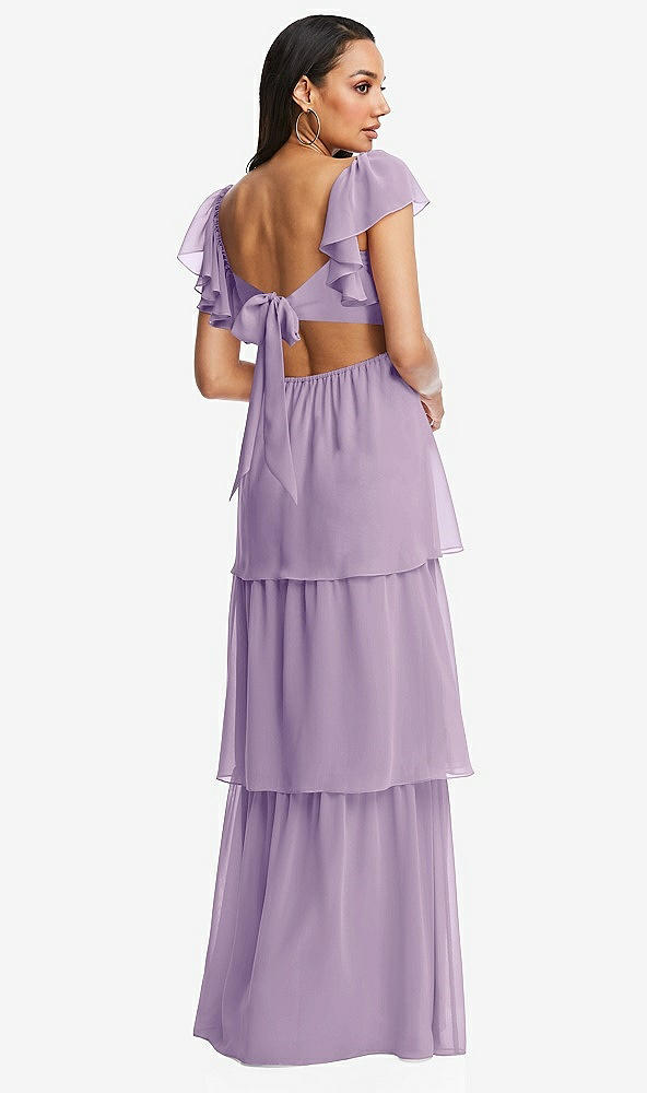 Back View - Pale Purple Flutter Sleeve Cutout Tie-Back Maxi Dress with Tiered Ruffle Skirt