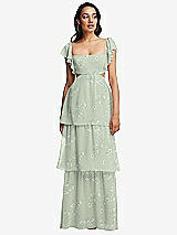 Front View Thumbnail - Vintage Primrose Sage Flutter Sleeve Cutout Tie-Back Maxi Dress with Tiered Ruffle Skirt