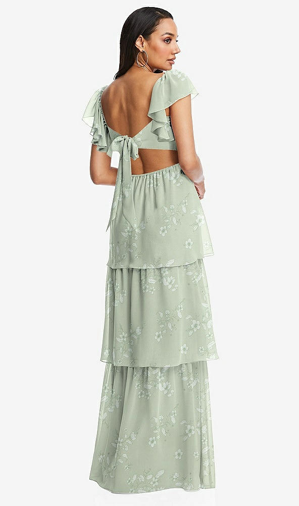 Back View - Vintage Primrose Sage Flutter Sleeve Cutout Tie-Back Maxi Dress with Tiered Ruffle Skirt