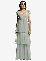 Front View Thumbnail - Willow Green Flutter Sleeve Cutout Tie-Back Maxi Dress with Tiered Ruffle Skirt