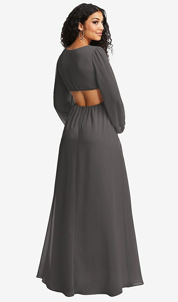 Back View - Caviar Gray Long Puff Sleeve Cutout Waist Chiffon Maxi Dress 