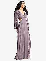 Side View Thumbnail - Lilac Dusk Long Puff Sleeve Cutout Waist Chiffon Maxi Dress 