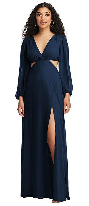 Long Puff Sleeve Cutout Waist Chiffon Maxi Dress 