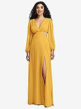 Front View Thumbnail - NYC Yellow Long Puff Sleeve Cutout Waist Chiffon Maxi Dress 