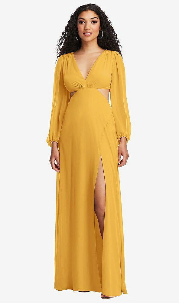 Front View - NYC Yellow Long Puff Sleeve Cutout Waist Chiffon Maxi Dress 