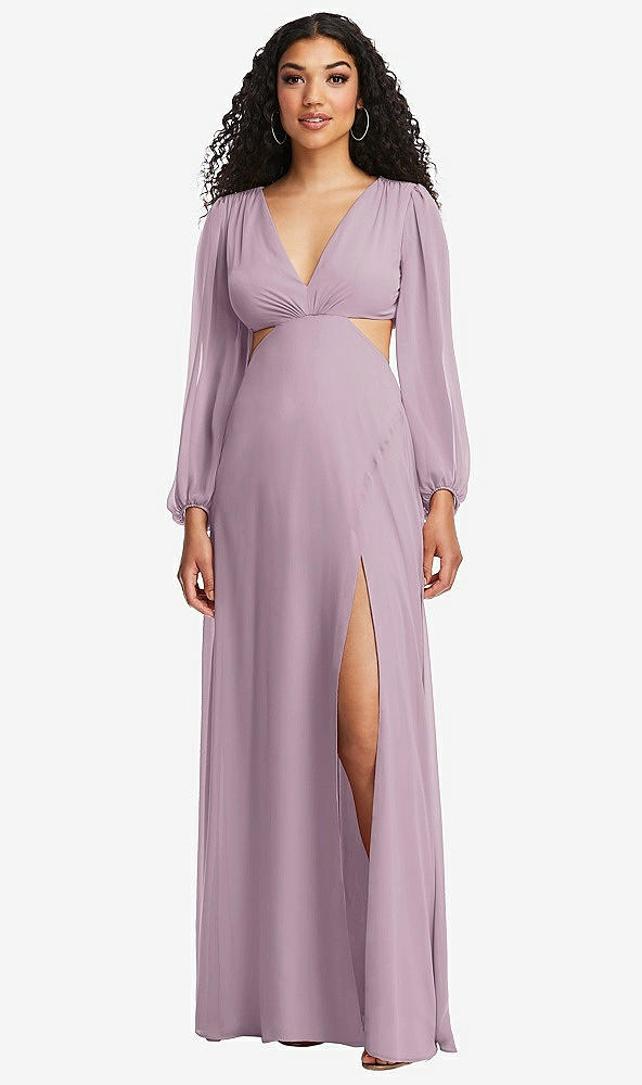 Front View - Suede Rose Long Puff Sleeve Cutout Waist Chiffon Maxi Dress 