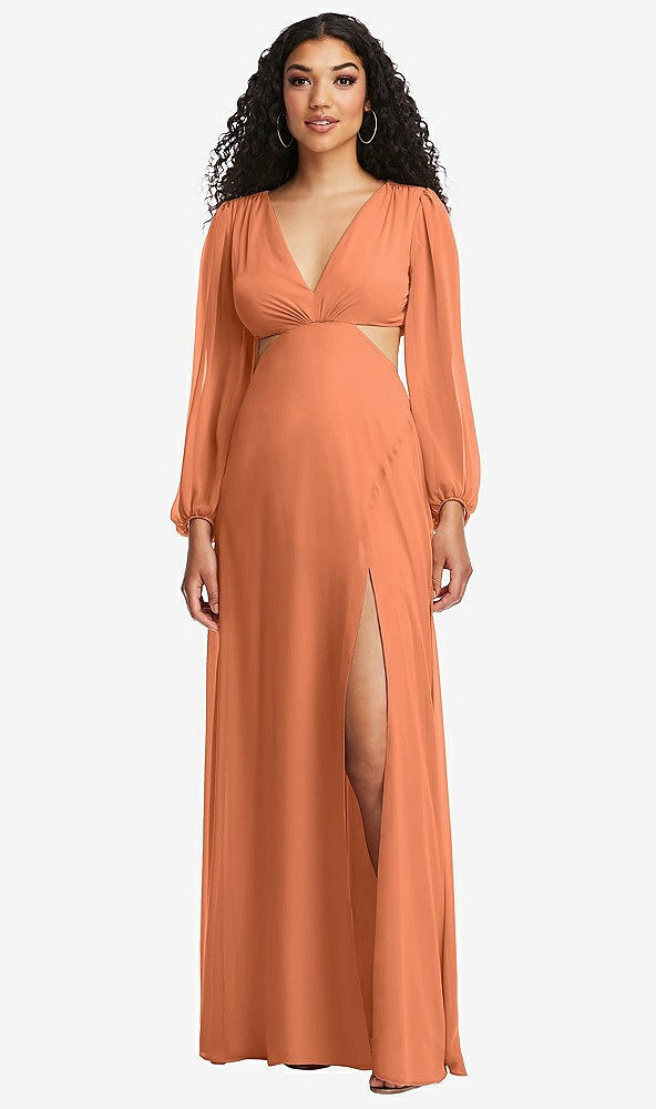 Front View - Sweet Melon Long Puff Sleeve Cutout Waist Chiffon Maxi Dress 