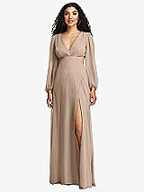 Front View Thumbnail - Topaz Long Puff Sleeve Cutout Waist Chiffon Maxi Dress 