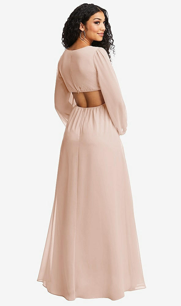 Back View - Cameo Long Puff Sleeve Cutout Waist Chiffon Maxi Dress 