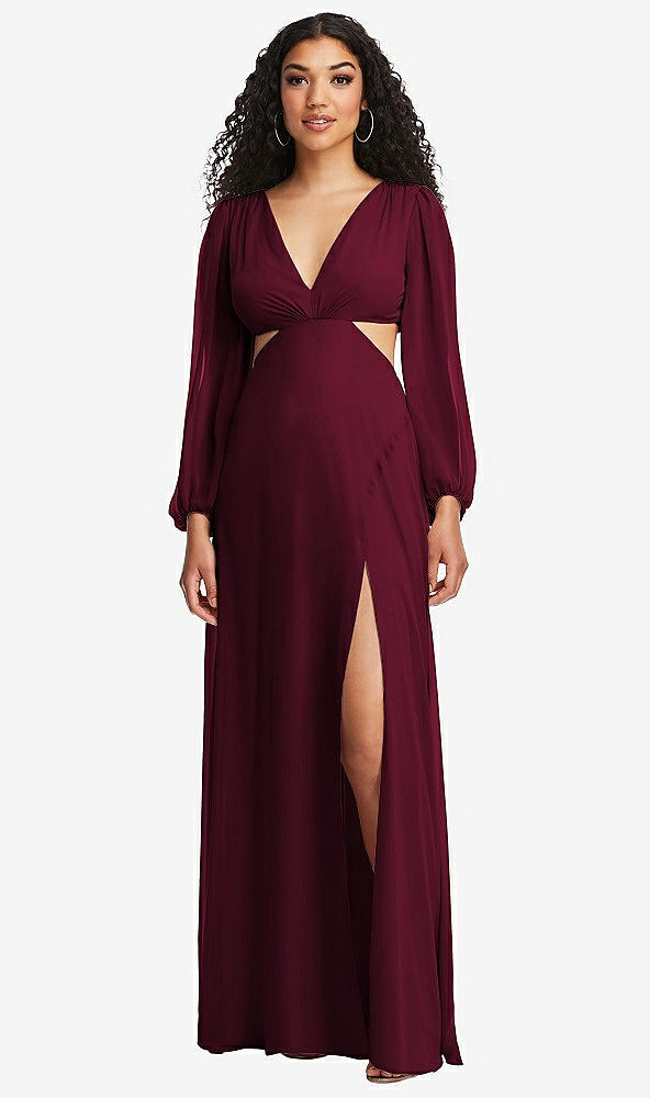 Front View - Cabernet Long Puff Sleeve Cutout Waist Chiffon Maxi Dress 