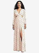 Front View Thumbnail - Coquette Floral Print Long Puff Sleeve Cutout Waist Chiffon Maxi Dress 