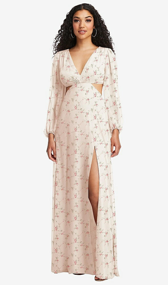 Front View - Coquette Floral Print Long Puff Sleeve Cutout Waist Chiffon Maxi Dress 