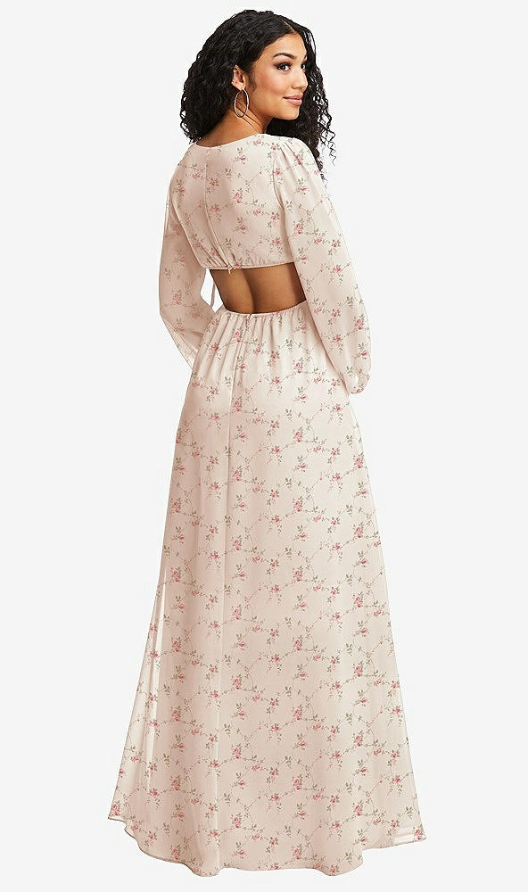 Back View - Coquette Floral Print Long Puff Sleeve Cutout Waist Chiffon Maxi Dress 