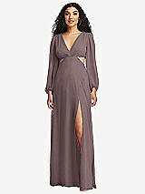 Front View Thumbnail - French Truffle Long Puff Sleeve Cutout Waist Chiffon Maxi Dress 