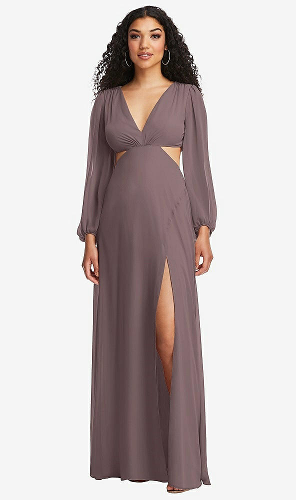 Front View - French Truffle Long Puff Sleeve Cutout Waist Chiffon Maxi Dress 