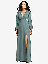 Front View Thumbnail - Icelandic Long Puff Sleeve Cutout Waist Chiffon Maxi Dress 