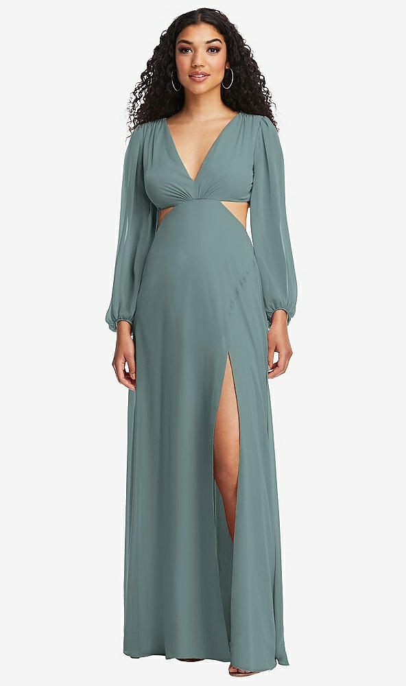 Front View - Icelandic Long Puff Sleeve Cutout Waist Chiffon Maxi Dress 