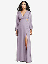 Front View Thumbnail - Lilac Haze Long Puff Sleeve Cutout Waist Chiffon Maxi Dress 