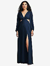 Front View Thumbnail - Midnight Navy Long Puff Sleeve Cutout Waist Chiffon Maxi Dress 