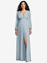 Front View Thumbnail - Mist Long Puff Sleeve Cutout Waist Chiffon Maxi Dress 