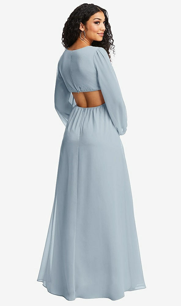 Back View - Mist Long Puff Sleeve Cutout Waist Chiffon Maxi Dress 