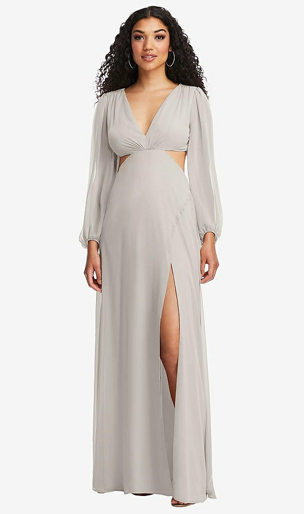 Front View - Oyster Long Puff Sleeve Cutout Waist Chiffon Maxi Dress 