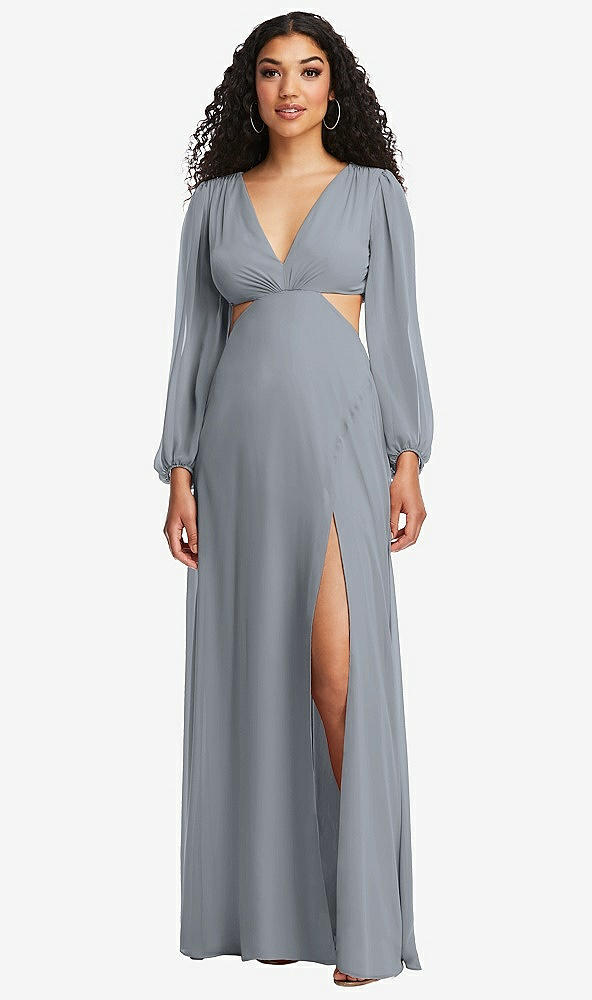 Front View - Platinum Long Puff Sleeve Cutout Waist Chiffon Maxi Dress 