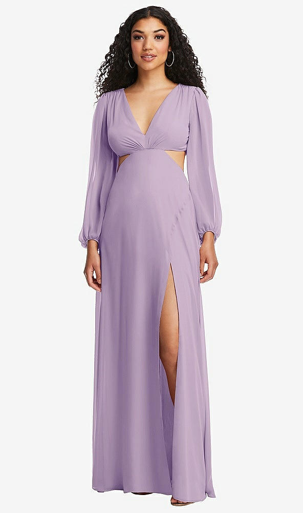 Front View - Pale Purple Long Puff Sleeve Cutout Waist Chiffon Maxi Dress 