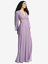 Side View Thumbnail - Pale Purple Long Puff Sleeve Cutout Waist Chiffon Maxi Dress 