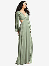 Side View Thumbnail - Sage Long Puff Sleeve Cutout Waist Chiffon Maxi Dress 