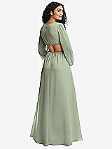 Rear View Thumbnail - Sage Long Puff Sleeve Cutout Waist Chiffon Maxi Dress 